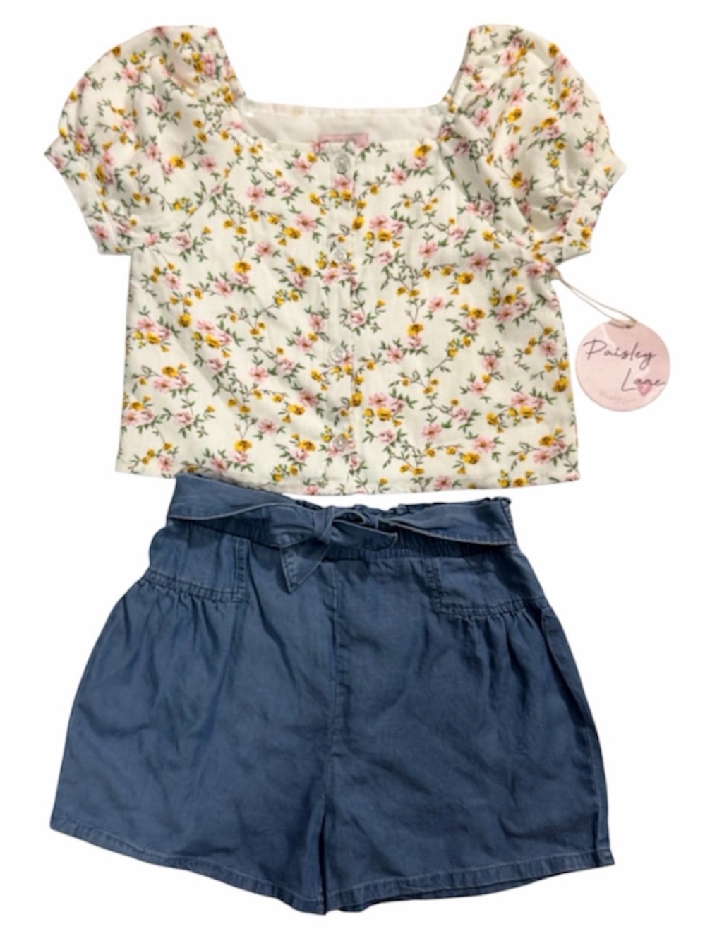 NWT Paisley Lane girls 2 piece jean shorts and button down floral top 7